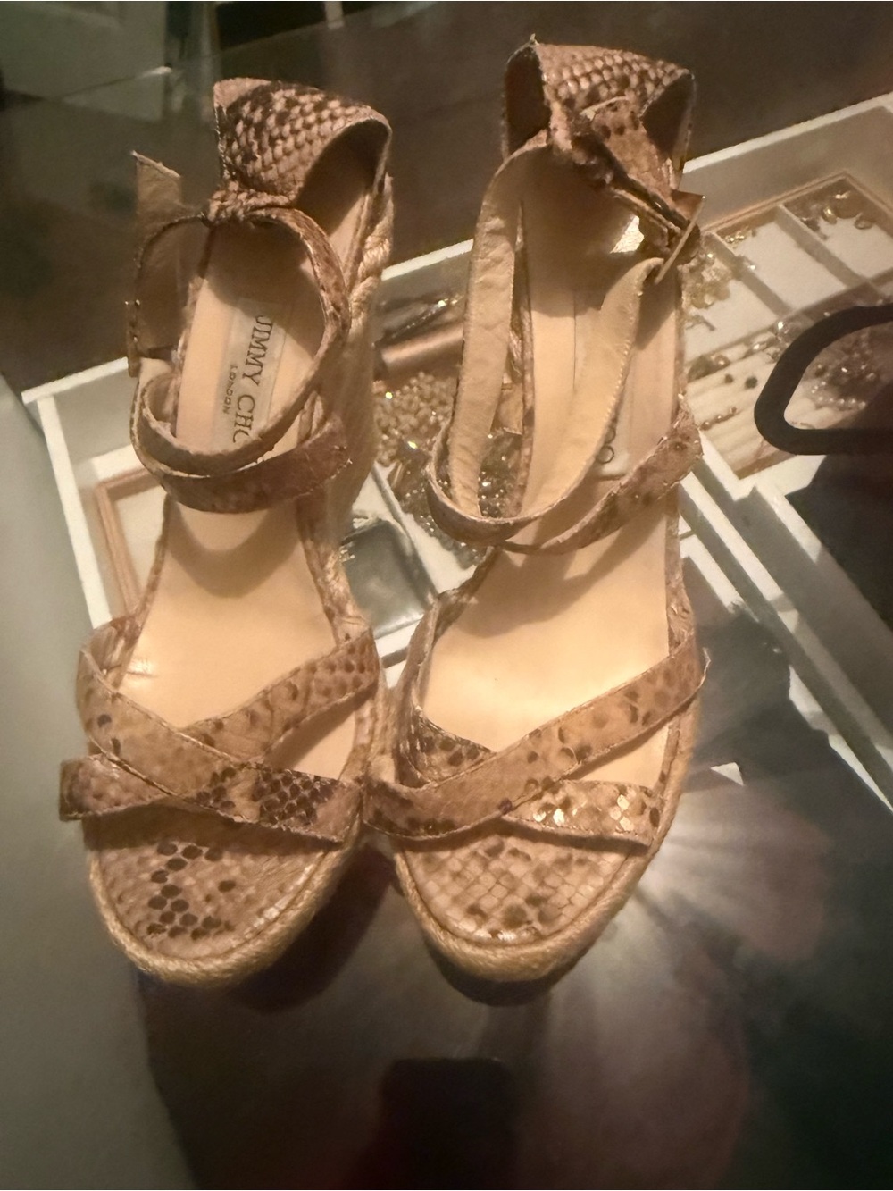 Jimmy Choo Brown Snake-Print Espadrille Wedge Sandals